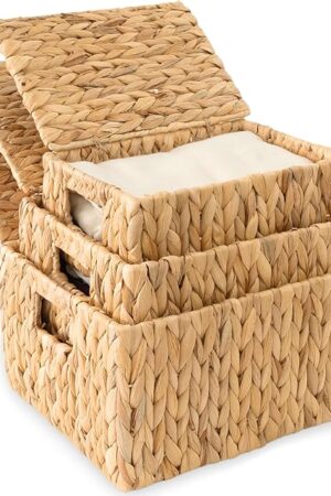 Wicker Storage Baskets with Lid, Set 3 Basket With Lid Decorative Storage Rectangle Wicker Storage Basket Large Rattan Storage Box Hyacinth Baskets