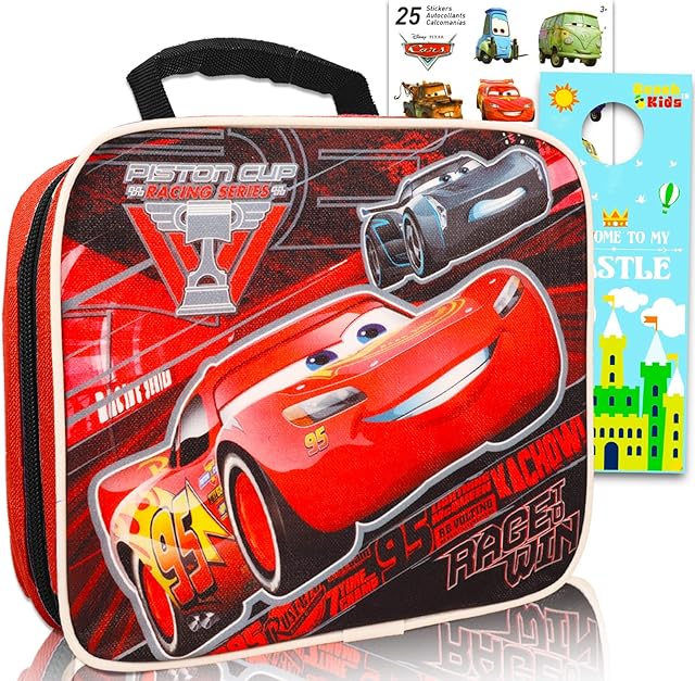 Disney Cars Lunch Box for Boys Kids Bundle ~ Premium 2-Sided Insulated Lightning McQueen Lunch Bag and More (Disney Cars School Supplies)