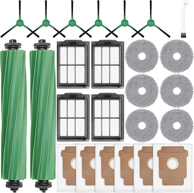 25 Pcs Accessories Kit for iRobot Roomba Plus 405 Combo/505 Combo Robot Vacuum Cleaner, Replacement Parts include 2 Main Brushes, 6 Dust Bags, 6 Mop Pads, 4 Filters, 6 Side Brushes and 1 Cleaning Tool