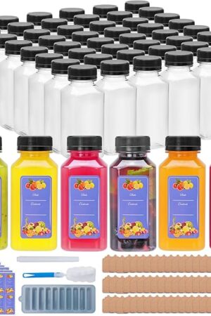 8oz Plastic Juice Bottles with Caps,Plastic Bottles with Black Tamper Proof Lids,Reusable Juice Containers for Juicing,Milk,Hot Sauce,Kombucha,Oil,Ginger Jar,Portable Travel Bottle,Smoothies,54PCS