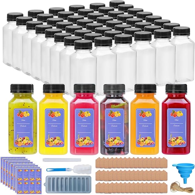 8oz Plastic Juice Bottles with Caps,Plastic Bottles with Black Tamper Proof Lids,Reusable Juice Containers for Juicing,Milk,Hot Sauce,Kombucha,Oil,Ginger Jar,Portable Travel Bottle,Smoothies,54PCS