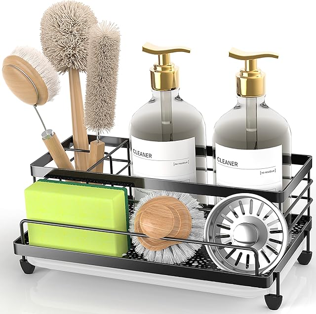 Cisily Large Black Rustproof Sink Caddy Sponge Holder for Kitchen