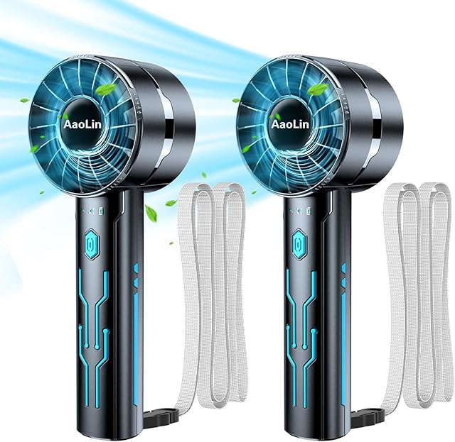 2pcs Portable Handheld Turbo Fan with 7000rpm High-Speed Motor USB Rechargeable Cooling Personal Fan 4-Speed, 4-16H Runtime, with Lanyard for Outdoor Travel, Women, Kids, Summer Gift