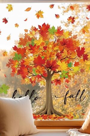 Whaline 6 Sheets Hello Fall Window Clings Large Watercolor Maple Tree Reusable Window Decals for Autumn Harvest Thanksgiving Party Home Office School Decor