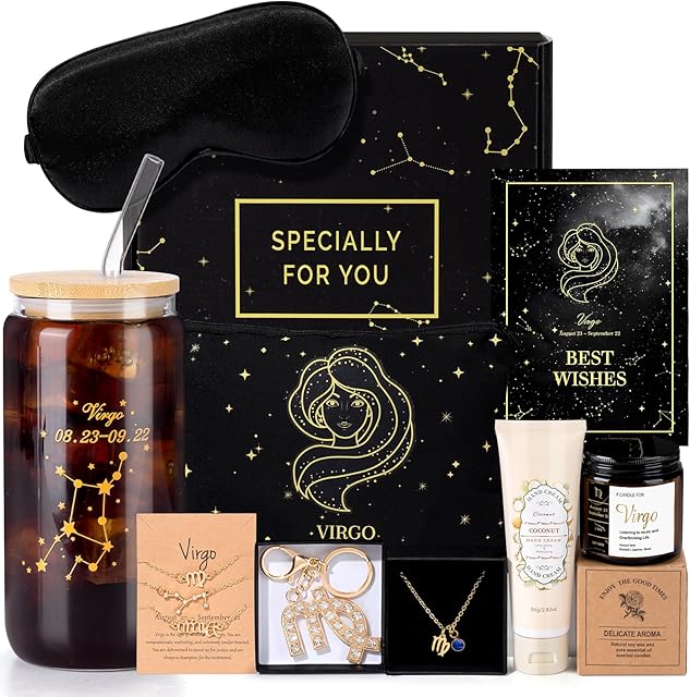 14PCS Virgo Birthday Gifts for Women, Virgo Astrology Gifts for Women Bakets, 12 Zodiac Gifts for Woman Friends Female Friendship, Vir Astrological 16 oz Glass Cups Candles Necklace with Gift Set Box