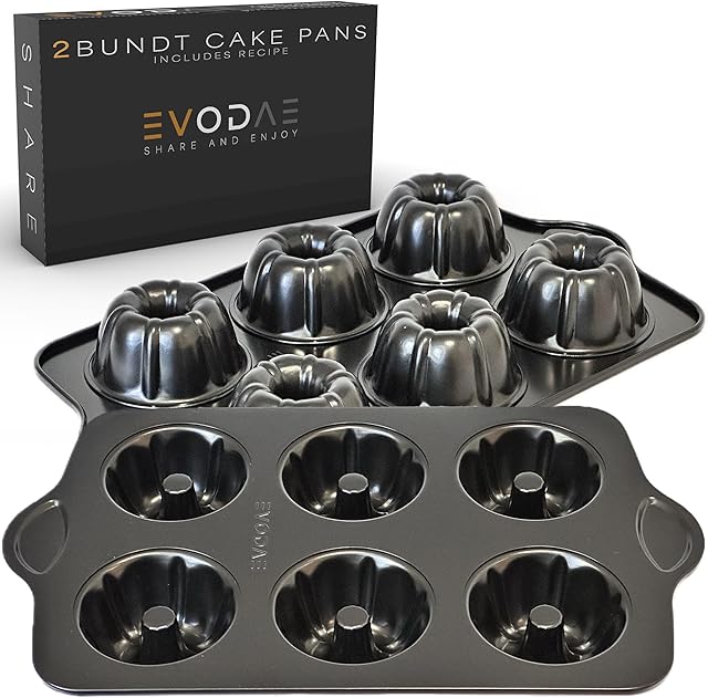 EVODAE® 2 PCS MINI BUNDT CAKE PANS FOR BAKING – 12 Cup (2x6) – Pro-Grade Nonstick Black Coated – Perfect for a SUNNY SUMMER DAY – Mini cake pans - Tube Pan – PFOA & PTFE Free