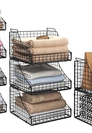 4-Pack Stackable Wire Baskets for Closet and Storage - Open Bins for Clothes, Toys, Snacks - Rustic Metal Shelves in Black