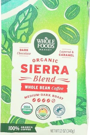 Whole Foods Market, Organic Sierra Blend Whole Bean Coffee, Medium-Dark Roast, Dark Chocolate & Caramel, 12 Ounce