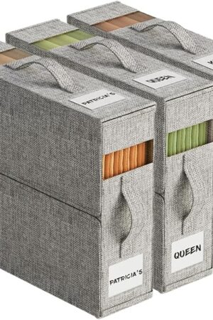 3Pack Sheet Organizers and Storage with Handles – Foldable Linen Closet Storage for King & Queen Sheet Sets – Clear Window & Removable Labels – Dustproof & Space-Saving Design, Grey