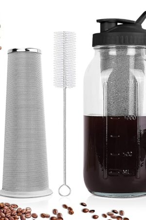 Cold Brew Coffee Maker,64 oz Mason Jar Pitcher with Stainless Steel Filter, Pour Spout Handle Lid, Heavy Duty Glass Airtight & Leak-Proof Pitcher for iced coffee Tea Lemonade