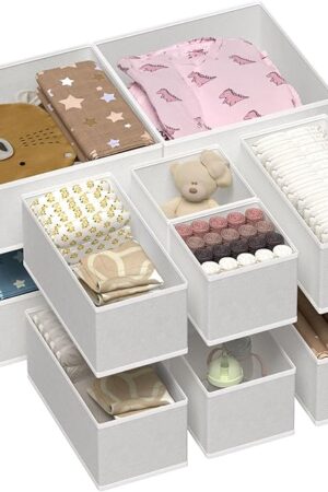 Vtopmart 12 Pack Baby Clothes Organizer, Dresser Drawer Organizer for Baby Clothing, Foldable Fabric Closet Drawer Storage Bins, Dresser Dividers for Bra, Socks, Ties, Scarf