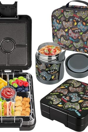 Bento Lunch Box Set for Kids with 10oz Soup Thermo, Leak-Proof Lunch Containers with 4 Compartment, Kids Thermo Hot Food Jar and Insulated Lunch Bag for Kid to School,BPA-Free(Black-Game Console)