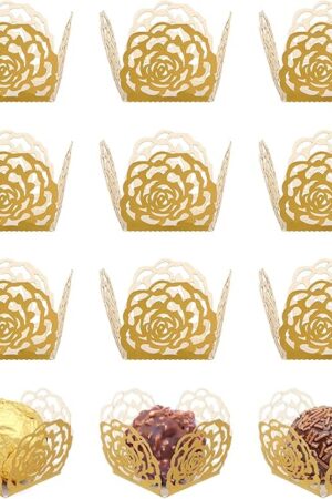 50pcs Hollow Rose Lace Paper Truffle Cups, Gold Cupcake Liners for Brigadeiro, Chocolate and Mini Candy, Ideal for Wedding, Party Dessert Table Decoration