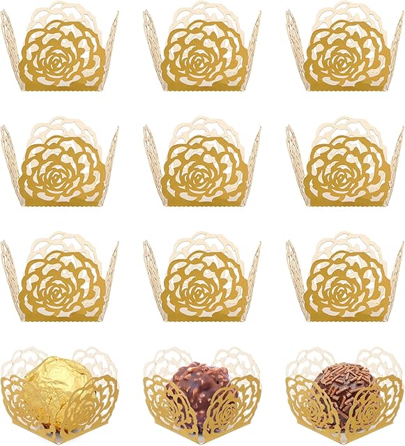 50pcs Hollow Rose Lace Paper Truffle Cups, Gold Cupcake Liners for Brigadeiro, Chocolate and Mini Candy, Ideal for Wedding, Party Dessert Table Decoration