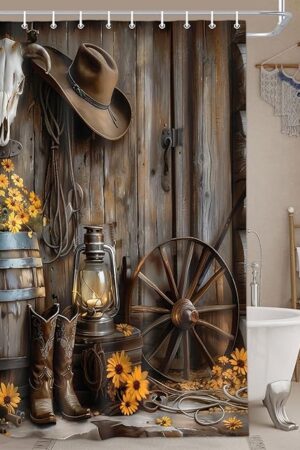Wathon Western Cowboy Shower Curtain with Farmhouse Barn Door, Southwest Country Ranch Bath Curtain with Cowboy Boots Floral, Rustic Southwestern Theme Bathroom Decor Set with Hooks 70X70IN