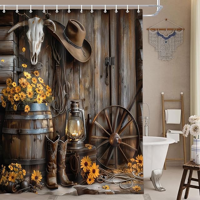 Wathon Western Cowboy Shower Curtain with Farmhouse Barn Door, Southwest Country Ranch Bath Curtain with Cowboy Boots Floral, Rustic Southwestern Theme Bathroom Decor Set with Hooks 70X70IN
