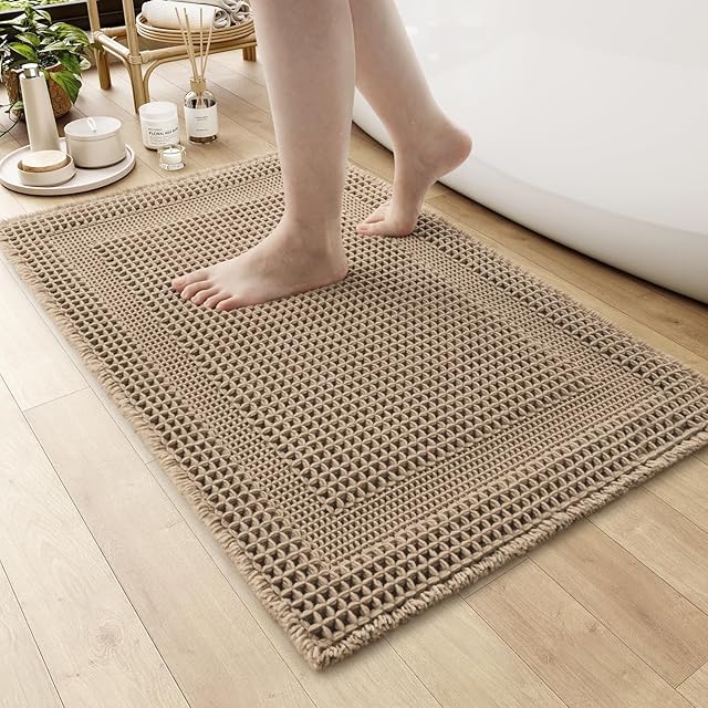 AMOAMI Waffle Bath-Mat 24"x36" Bath Mats Bathroom Rugs for Bathroom Boho Beige