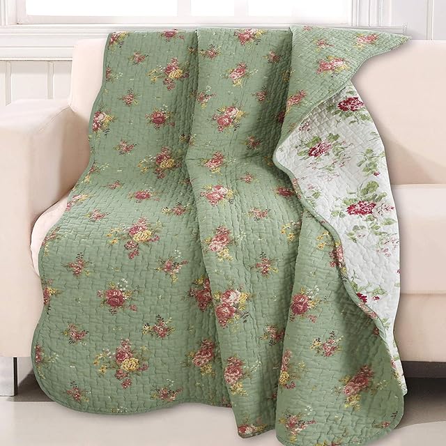 Cozy Line Home Fashions Vintage Floral Quilted Throw 100% Cotton Blossom