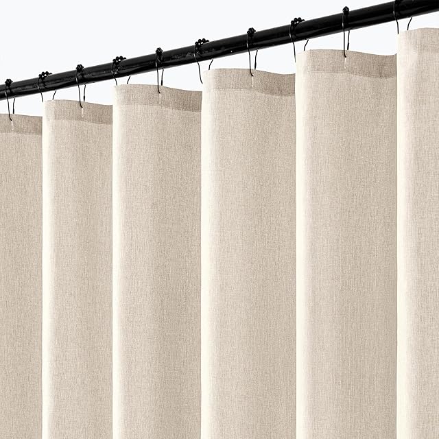 ANRODUO Linen Shower Curtain, Boho Farmhouse Cream Fabric Shower Curtain with 12 Metal Hooks, Waterproof Heavy Duty Polyester, Button Hole Design, Machine Washable for Bathroom Hotel Bathtub, W72xL72