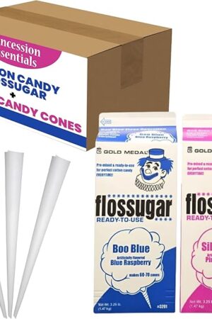 Concession Essentials 2 Pack Cotton Candy Floss Sugar. Pink Vanilla and Blue Raspberry. (Two 3.25 lb Containers w/100 Cotton Candy Cones)