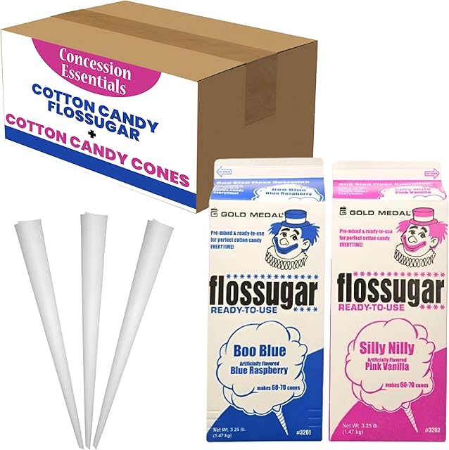 Concession Essentials 2 Pack Cotton Candy Floss Sugar. Pink Vanilla and Blue Raspberry. (Two 3.25 lb Containers w/100 Cotton Candy Cones)