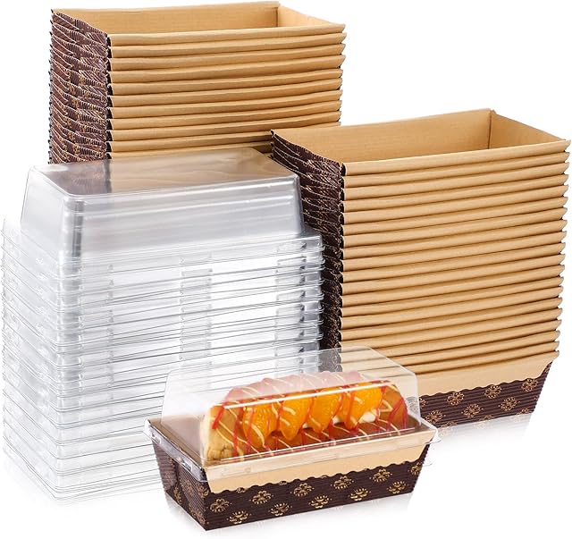 Sabary 50 Pcs Paper Baking Loaf Pan with Lids Disposable Paper Pans Mold for Birthday Graduation Wedding Halloween Thanksgiving Christmas Cake Bread Bakery Holiday Gifts(5.91 x 2.48 x 1.94 Inches)