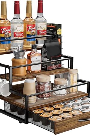 Coffee Syrup Organizer Rack, 4-Tier Syrup Bottle Holder Stand with 36 K Cup Pod Drawer Storage for Coffee Bar, 12 Bottles Storage Shelves for Syrup, Wine, Dressing for Kitchen Coffee Station