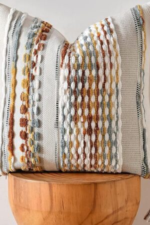 AmHoo Chenille Striped Textured Boho Throw Pillow Covers Aesthetic with Tassels Woven Decorative Pillow Case for Couch Bed Sofa Bedroom Modern Funky 18 x 18-Inch Brown