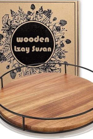 12" Acacia Wood Lazy Susan Turntable, Tomoaza Kitchen Organizer Turntable with Steel Sides, 360 Degree Lazy Susan for Countertop Cabinet or Dining Table(Black)