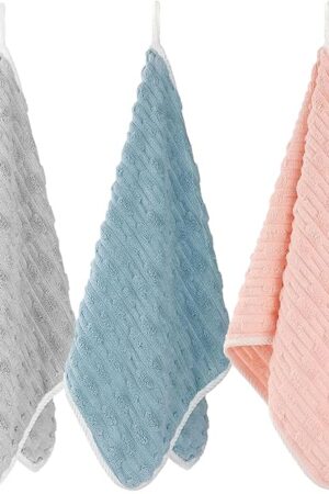 Bathroom Towels Set - 3 Pack - 14 x 29 Inches Lightweight Small Extra-Absorbent Face Cloths and Soft Stripe Fingertip Towel for Bathroom, Guest Room, Children (Grey+Blue+Pink)