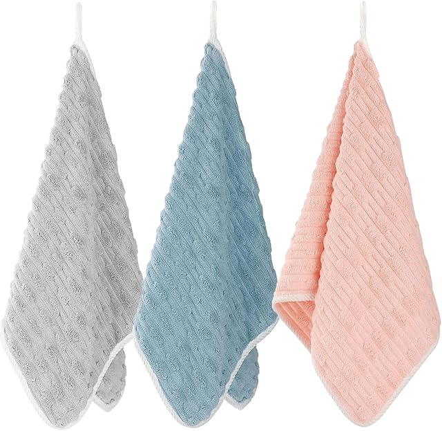 Bathroom Towels Set - 3 Pack - 14 x 29 Inches Lightweight Small Extra-Absorbent Face Cloths and Soft Stripe Fingertip Towel for Bathroom, Guest Room, Children (Grey+Blue+Pink)