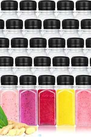 30 Pcs 2oz Plastic Juice Bottles with Caps, Black | For Juices, Milk, Smoothies, Tea and Other Beverages | Reusable Clear Drink Containers | Transparent Square Design