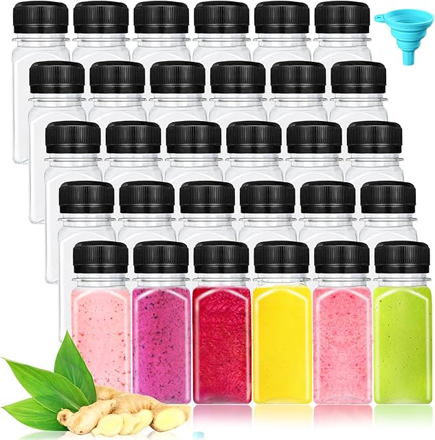 30 Pcs 2oz Plastic Juice Bottles with Caps, Black | For Juices, Milk, Smoothies, Tea and Other Beverages | Reusable Clear Drink Containers | Transparent Square Design
