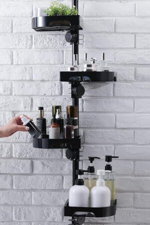 4-Tier Corner Shower Caddy Tension Pole Organizer - Adjustable Rustproof Metal Tension Pole, Plastic Shelves with Safety Guardrail, Bathroom Storage for Shower & Bathtub(Black)
