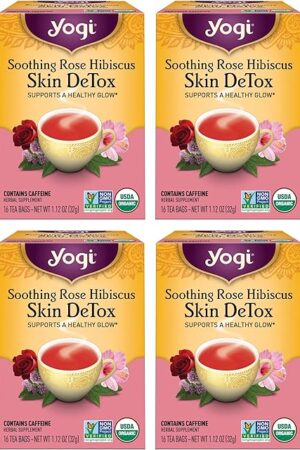 Yogi Tea Soothing Rose Hibiscus Skin DeTox Tea - 16 Tea Bags per Pack (4 Packs) - Organic DeTox Tea to Support Skin Health - Includes Green Tea Leaf, Rose Petal, Honeybush Leaf, Hibiscus & More