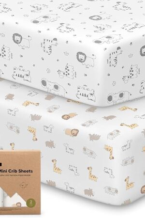 2-Pack Pack and Play Sheets, Waterproof Mini Crib Sheets Fitted - Organic Cotton Pack N Play Sheets for Graco Pack and Play Mattress, Playard Baby Crib Sheets, Neutral for Boy,Girl,Toddler (KeaSafari)