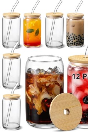 [ 12pcs Set ] Glass Cups with Bamboo Lids and Glass Straw - Beer Shaped Drinking Glasses, 16 oz Iced Coffee Glasses, Cute Tumbler Cup for Smoothie, Boba Tea, Whiskey, Water - 4 Cleaning Brushes