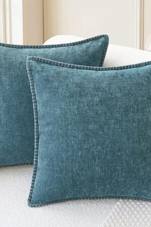 CaliTime Throw Pillow Covers Decorative 18 X 18 Inches Pack of 2 Cotton Thread Stitching Edges Solid Dyed Soft Chenille Cushion Cases for Couch Sofa Bed Living Room Farmhouse Smoke Blue