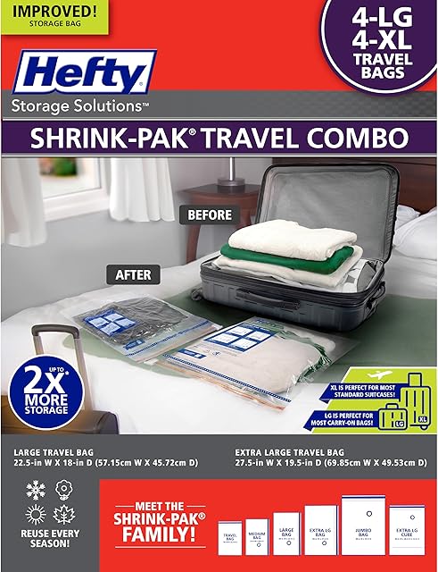 Hefty Shrink-Pak Travel Storage Bags – For Clothes, Pillows, Towels, Blankets & More – Space Saver Suction Sealer Bags for Luggage or Moving – 4 Large, 22.5x18 Inches, 4 XL, 27.5x 19.5 Inches