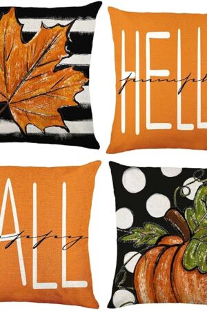 4pcs Fall Pillow Covers 18 x 18 Inch Autumn Pumpkin Maple Leaves Harvest Throw Pillow Covers Cushion Cases for Thanksgiving Couch Sofa Outdoor Indoor Home House Decor