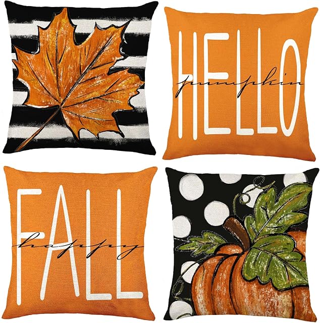 4pcs Fall Pillow Covers 18 x 18 Inch Autumn Pumpkin Maple Leaves Harvest Throw Pillow Covers Cushion Cases for Thanksgiving Couch Sofa Outdoor Indoor Home House Decor