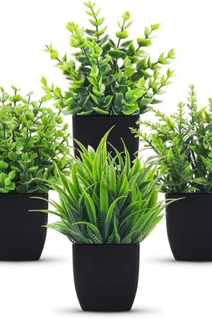 Der Rose 4 Pack Fake Plants Small Artificial Mini Faux Plants Indoor Black Bathroom Accessories for Room Home Office Shelf Decor