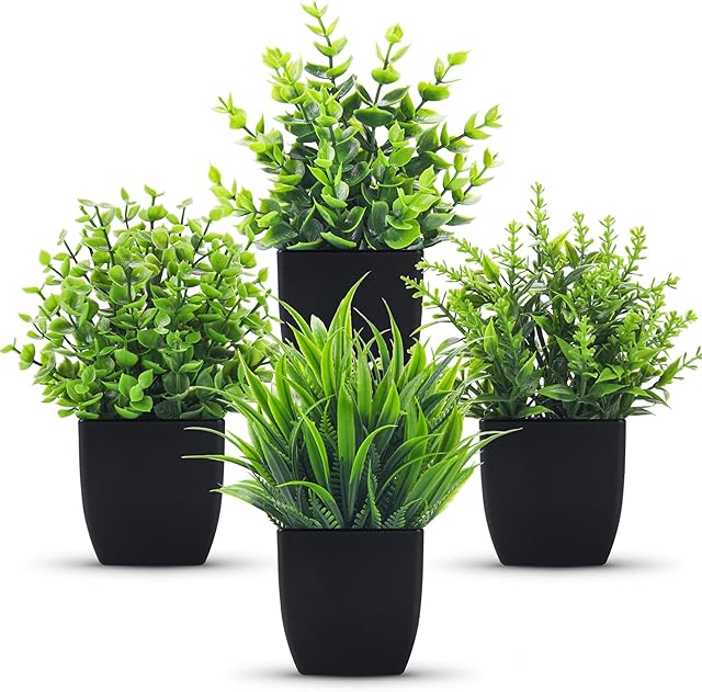 Der Rose 4 Pack Fake Plants Small Artificial Mini Faux Plants Indoor Black Bathroom Accessories for Room Home Office Shelf Decor