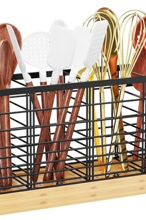 Yirilan Large Kitchen Utensil Holder, Cooking Utensil Holder for Counter, Cooking Holder for Spatula with Wooden Base, Kitchen Countertop, Farmhouse Cooking Utensil Storage (4 Compartments)