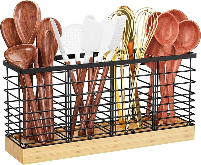 Yirilan Large Kitchen Utensil Holder, Cooking Utensil Holder for Counter, Cooking Holder for Spatula with Wooden Base, Kitchen Countertop, Farmhouse Cooking Utensil Storage (4 Compartments)