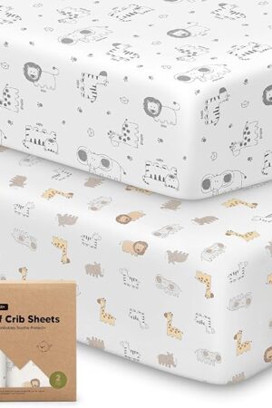 2-Pack Waterproof Crib Sheets for Girl, Boy - Organic Cotton 52X28 Fitted Crib Sheets Neutral,Crib Mattress Protector Sheets,Soft Toddler Bed Sheets,Washable Infant Fitted Baby Crib Sheets (KeaSafari)