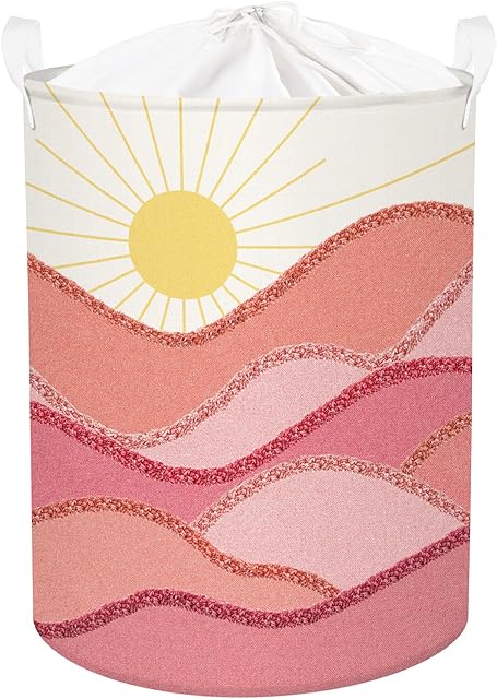 Clastyle 63L Pink Boho Sunrise Girl Hamper Outdoor Towel Storage Beach Blanket Pool Toy Basket Large Round Dirty Clothes Laundry Basket with Lid