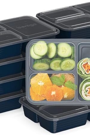 Bentgo 20-Piece Lightweight, Durable, Reusable BPA-Free 3-Compartment Containers - Microwave, Freezer, Dishwasher Safe - Navy Blue