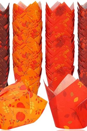 400 Pcs Fall Cupcake Liners Halloween Tulip Wrappers for Baking Pumpkin Muffin Cupcake Holders Maple Leaf Liners Orange Brown Paper Baking Cups for Autumn Thanksgiving Birthday Party