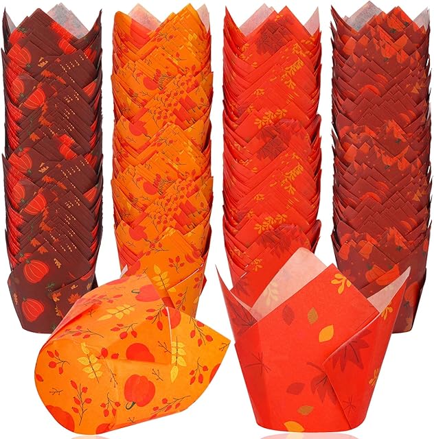 400 Pcs Fall Cupcake Liners Halloween Tulip Wrappers for Baking Pumpkin Muffin Cupcake Holders Maple Leaf Liners Orange Brown Paper Baking Cups for Autumn Thanksgiving Birthday Party